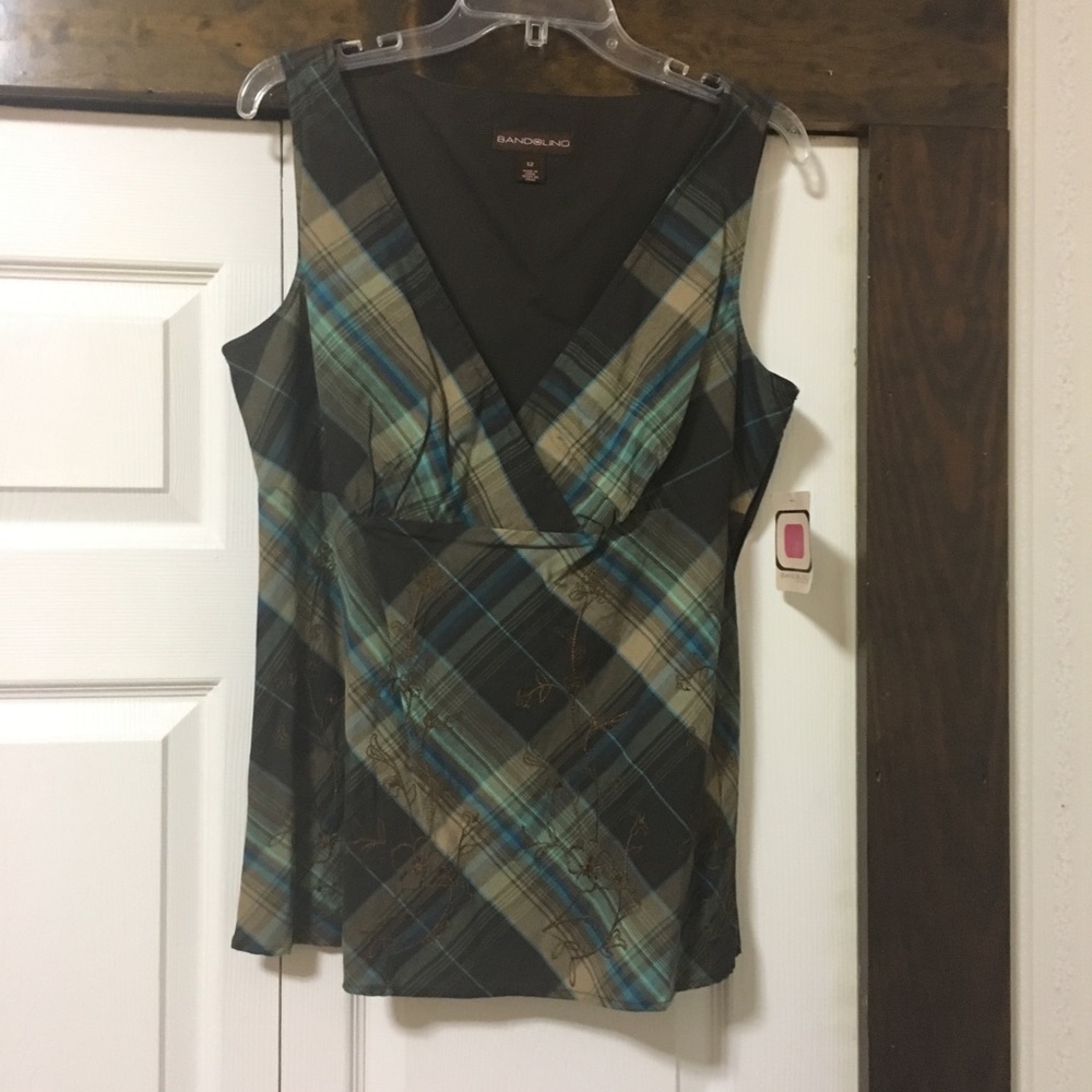 Bandolino sleeves top, Size 12, brown/beige/teal